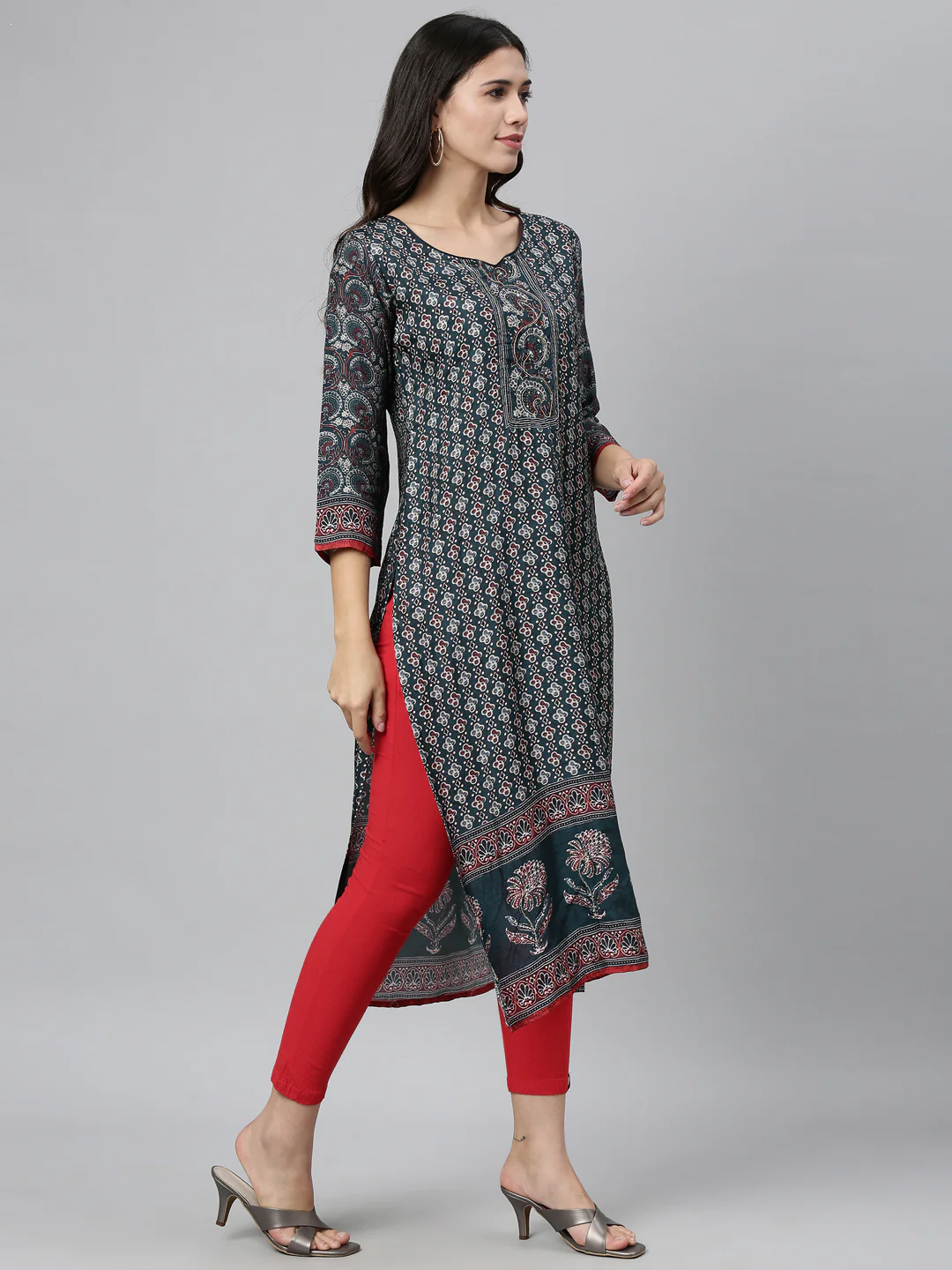 Neerus Women Teal Green Ethnic Motifs Printed Kurta - Image 2