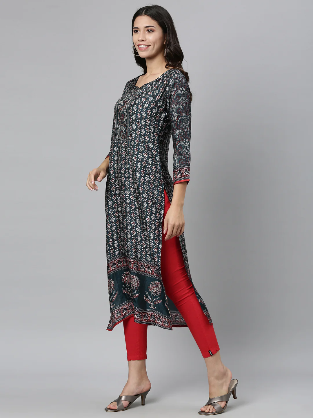 Neerus Women Teal Green Ethnic Motifs Printed Kurta - Image 3