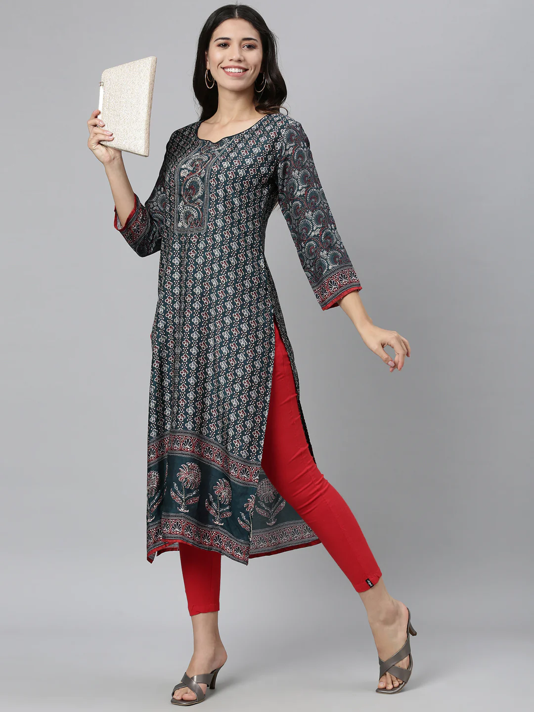 Neerus Women Teal Green Ethnic Motifs Printed Kurta - Image 6