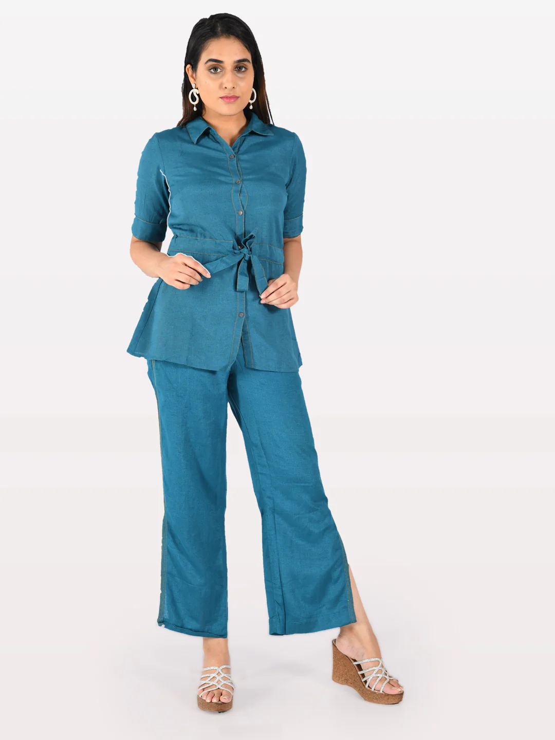 Neerus Women Teal Solid Tunic With Trousers - Image 5