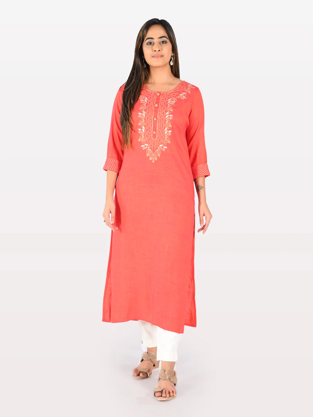 Neerus Women Tomato Color Slub Rayon Fabric Tunic "48"