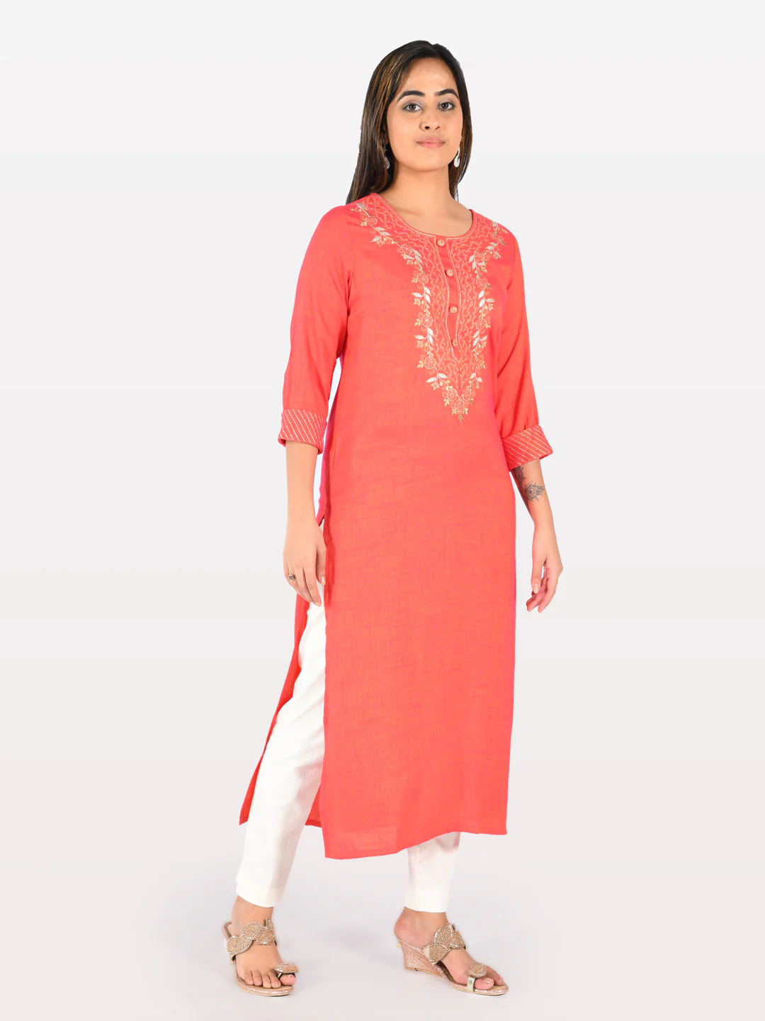 Neerus Women Tomato Color Slub Rayon Fabric Tunic "48" - Image 3