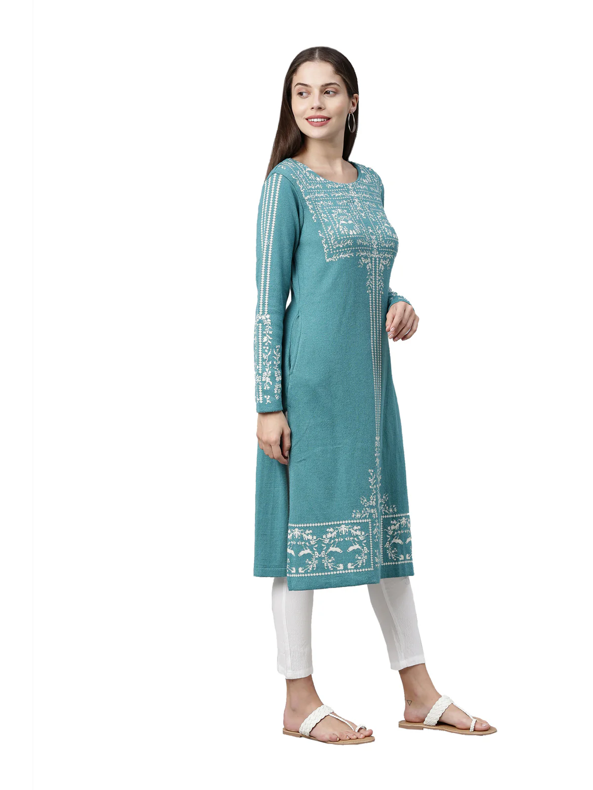 Neerus Women Turquoise Blue Ethnic Motifs Knitted Kurta - Image 2