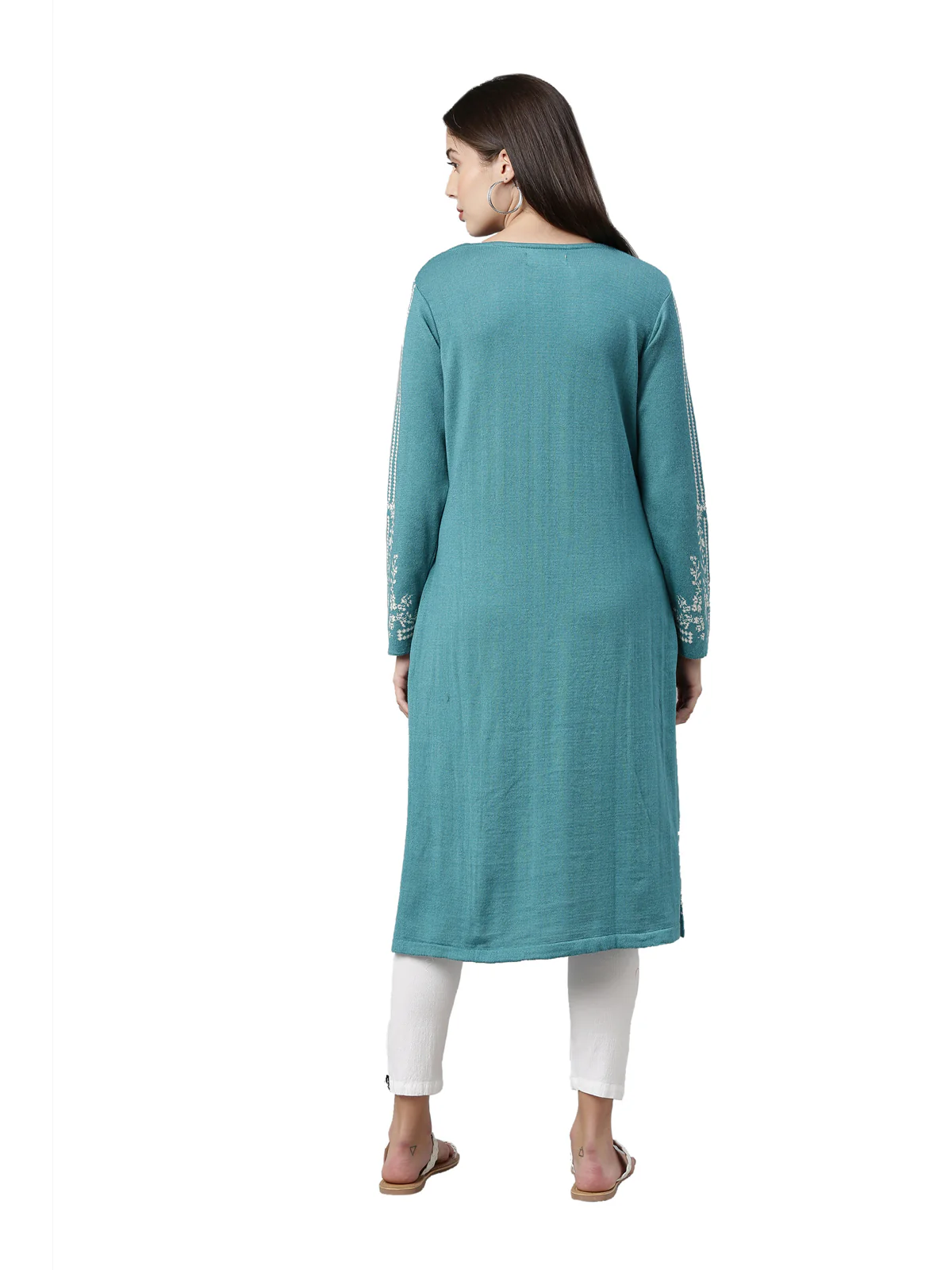 Neerus Women Turquoise Blue Ethnic Motifs Knitted Kurta - Image 3