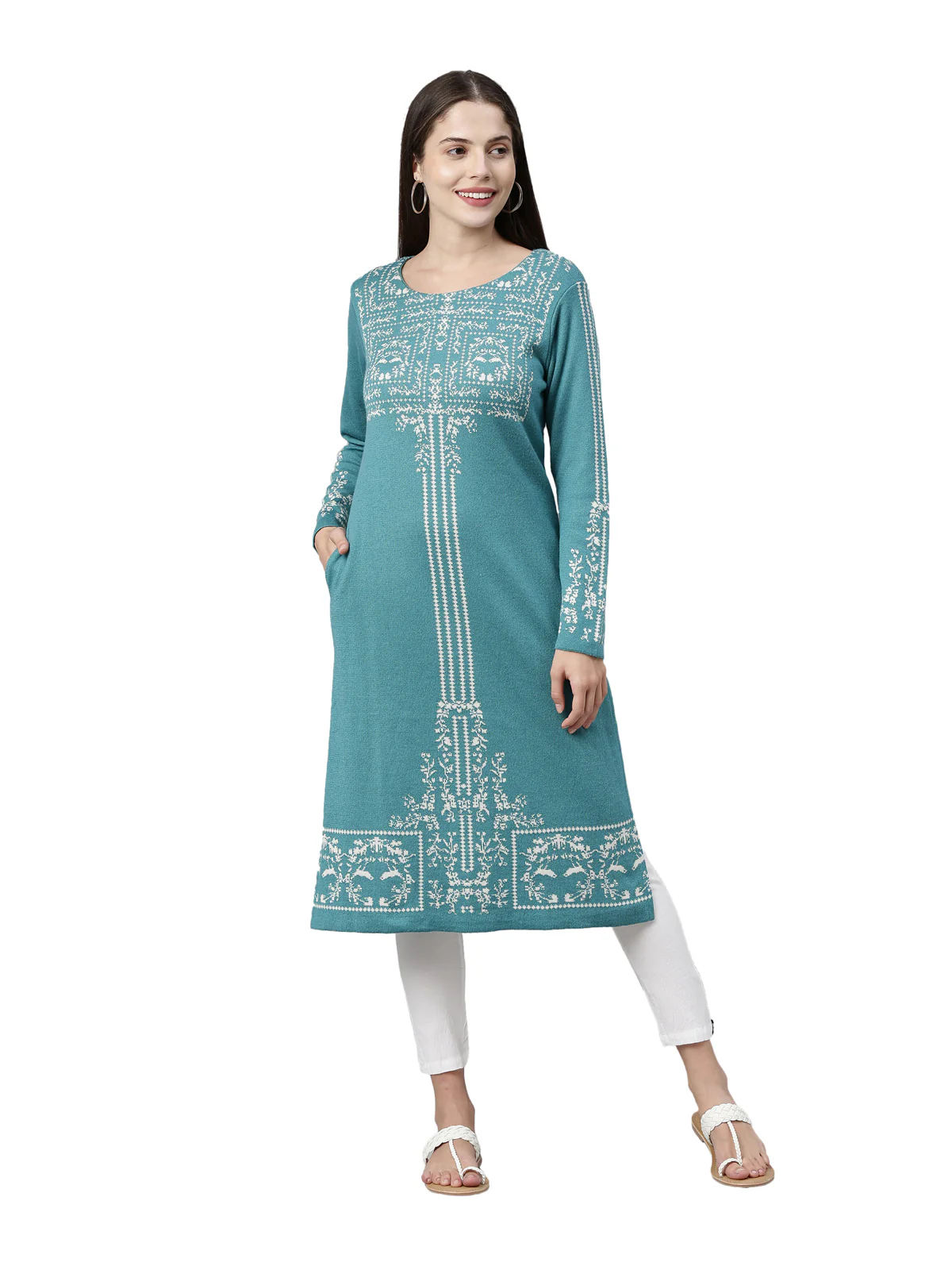 Neerus Women Turquoise Blue Ethnic Motifs Knitted Kurta - Image 5