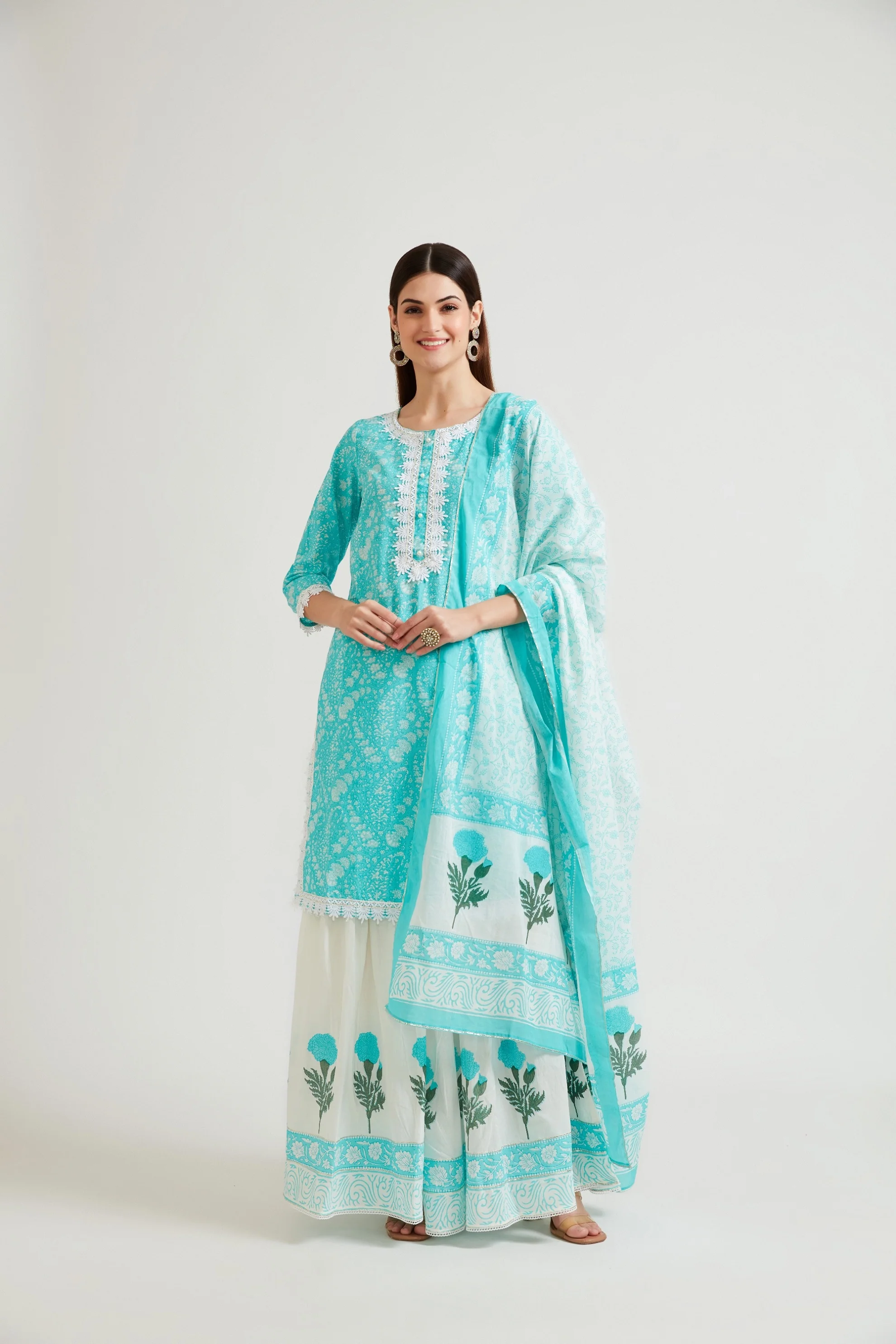 Neerus Women Turquoise Blue Ethnic Motifs Printed Kurta with Churidar With Dupatta