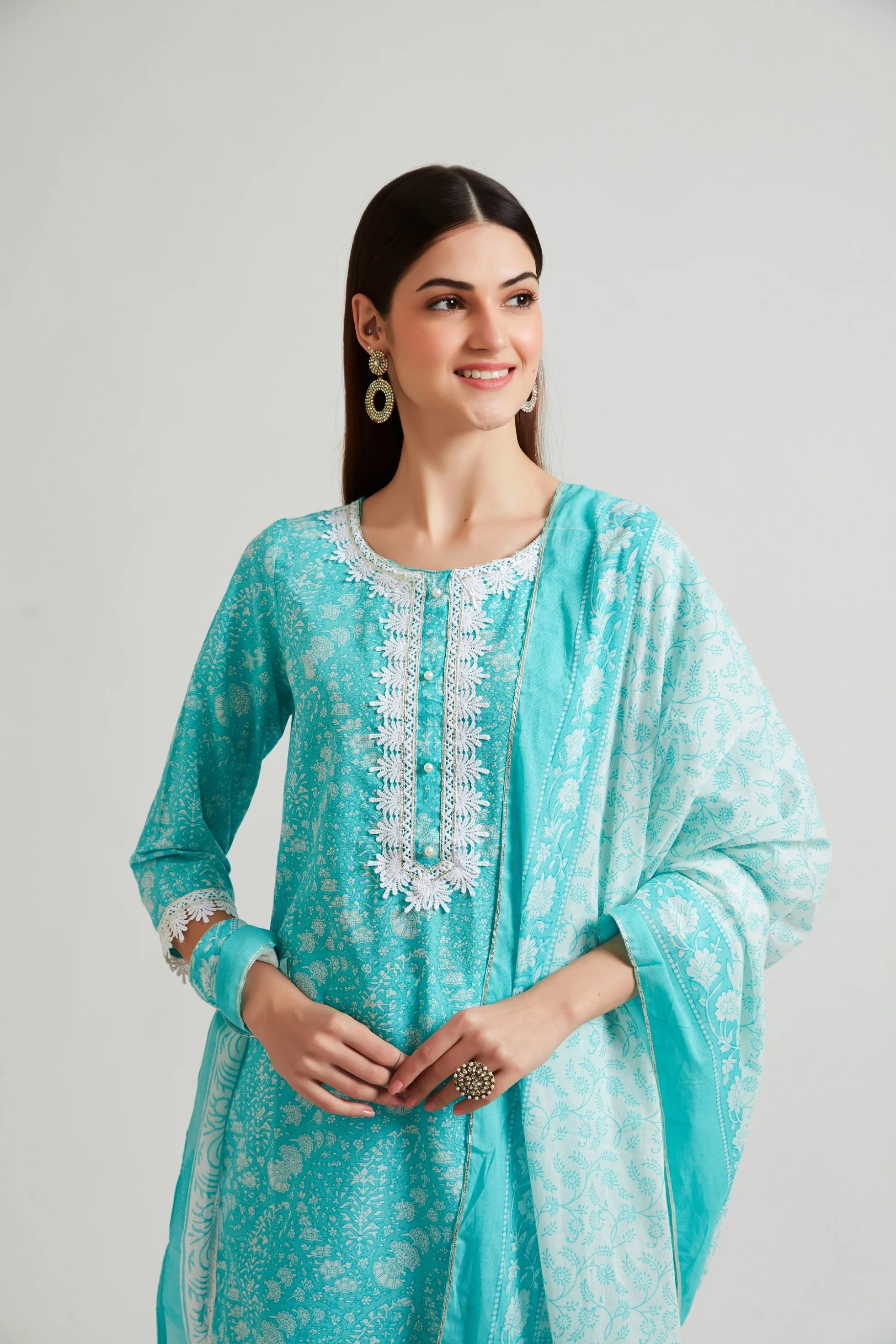 Neerus Women Turquoise Blue Ethnic Motifs Printed Kurta with Churidar With Dupatta - Image 5