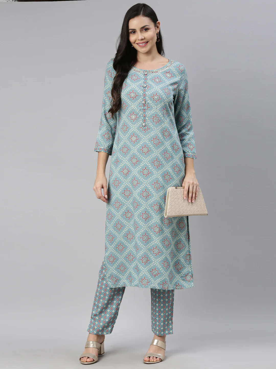 Neerus Women Turquoise Blue Ethnic Motifs Printed Kurti with Trousers