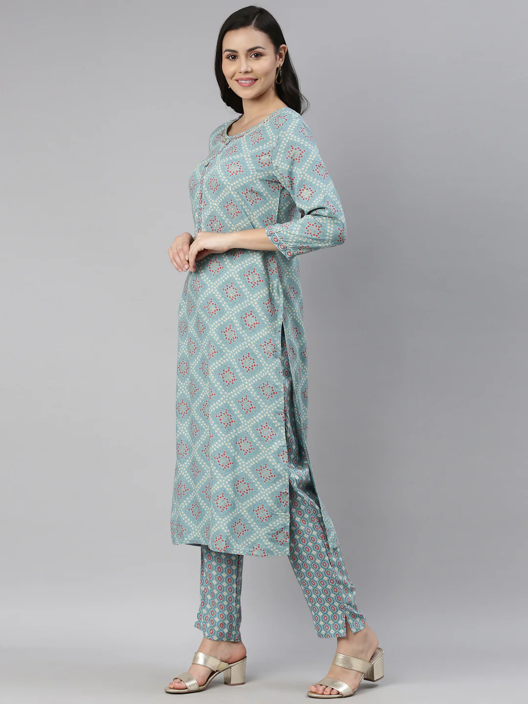Neerus Women Turquoise Blue Ethnic Motifs Printed Kurti with Trousers - Image 2