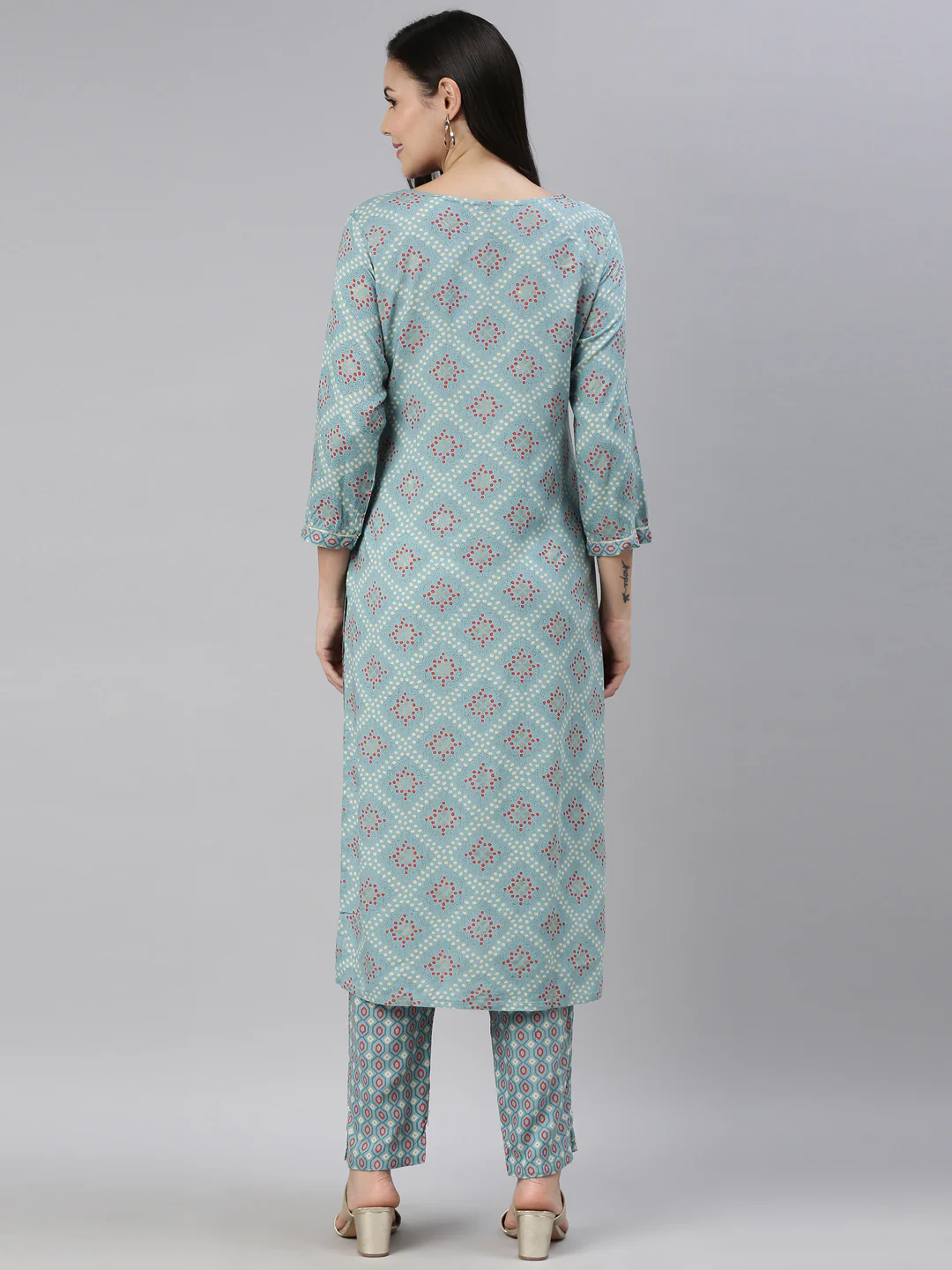 Neerus Women Turquoise Blue Ethnic Motifs Printed Kurti with Trousers - Image 3
