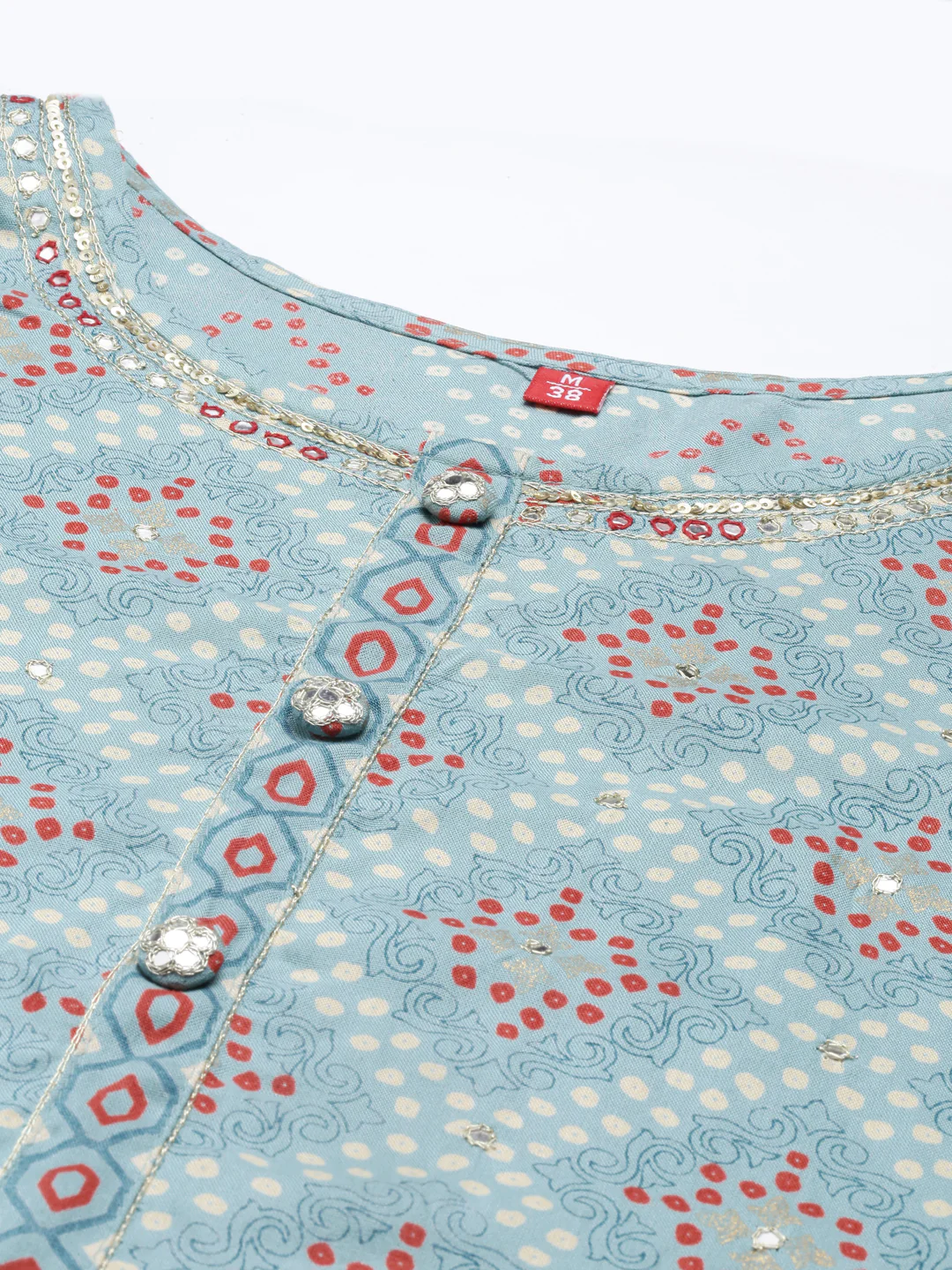 Neerus Women Turquoise Blue Ethnic Motifs Printed Kurti with Trousers - Image 4
