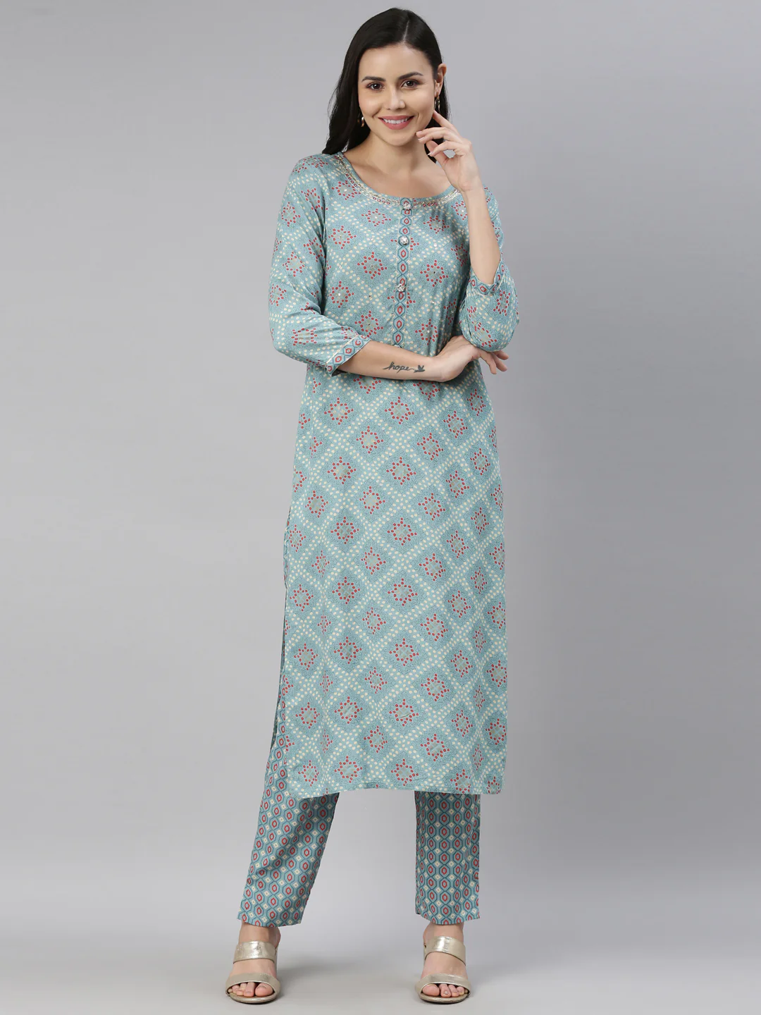 Neerus Women Turquoise Blue Ethnic Motifs Printed Kurti with Trousers - Image 5