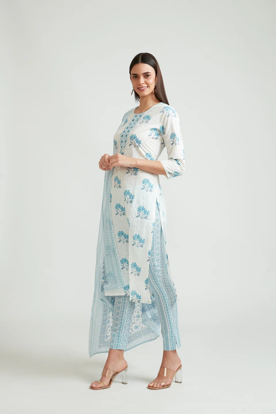 Neerus Women White and Blue Floral Printed Kurta with Trousers and Dupatta - Image 2