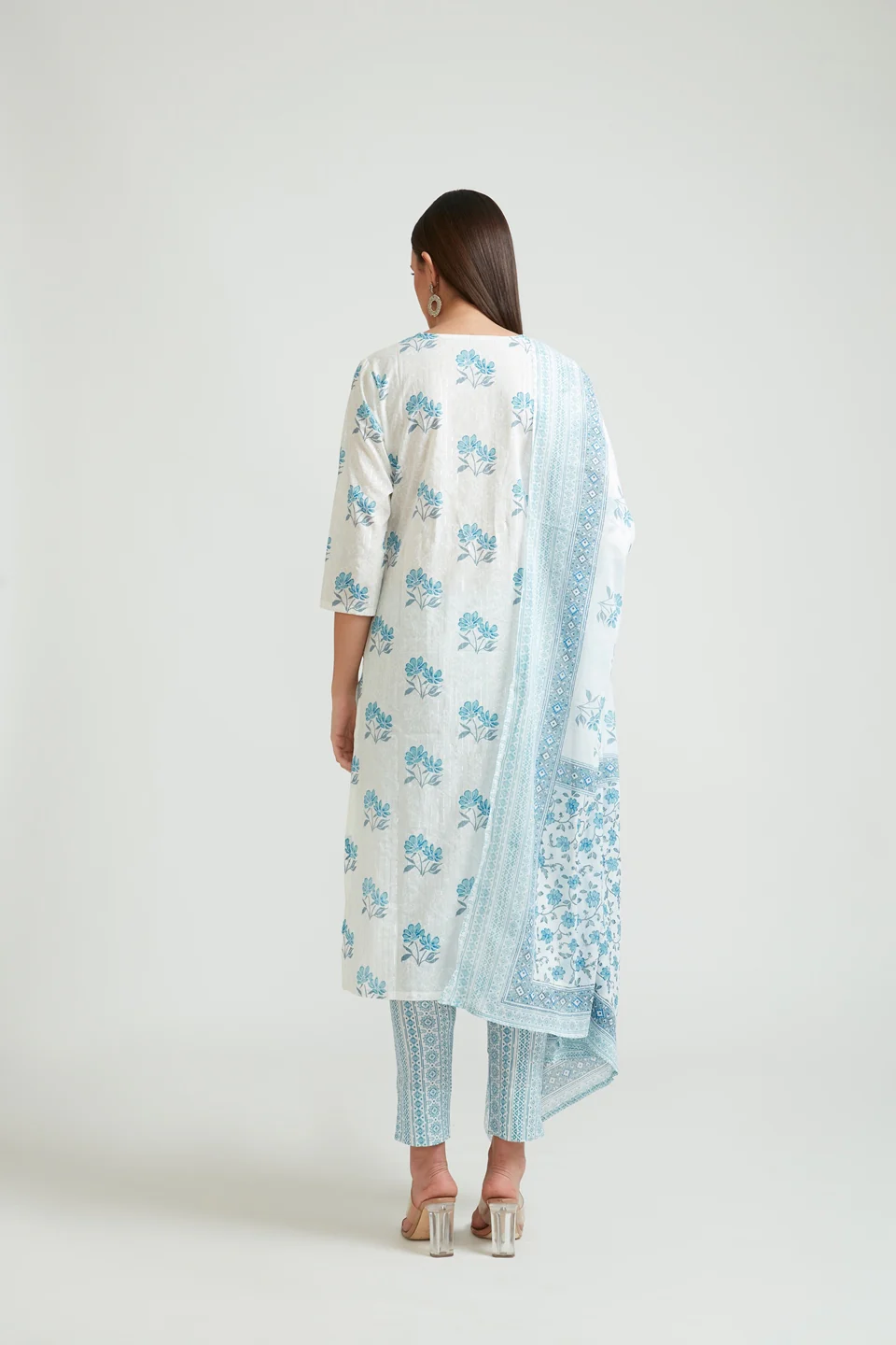 Neerus Women White and Blue Floral Printed Kurta with Trousers and Dupatta - Image 3