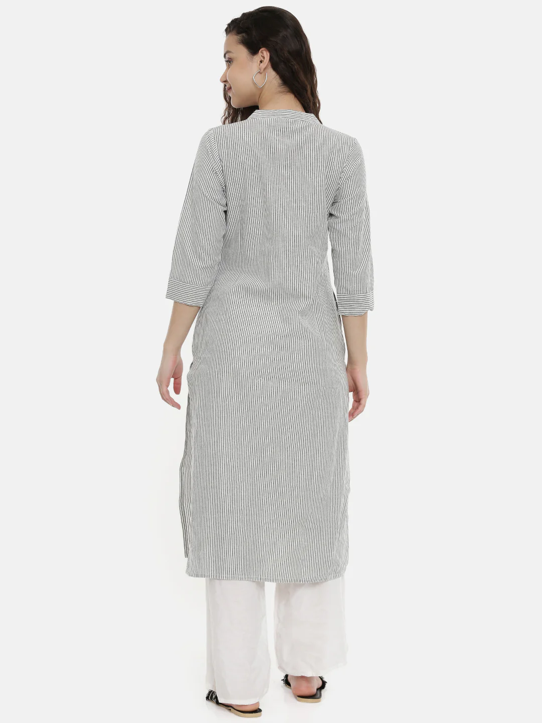 Neerus Women White Black Striped A-Line Kurta - Image 4