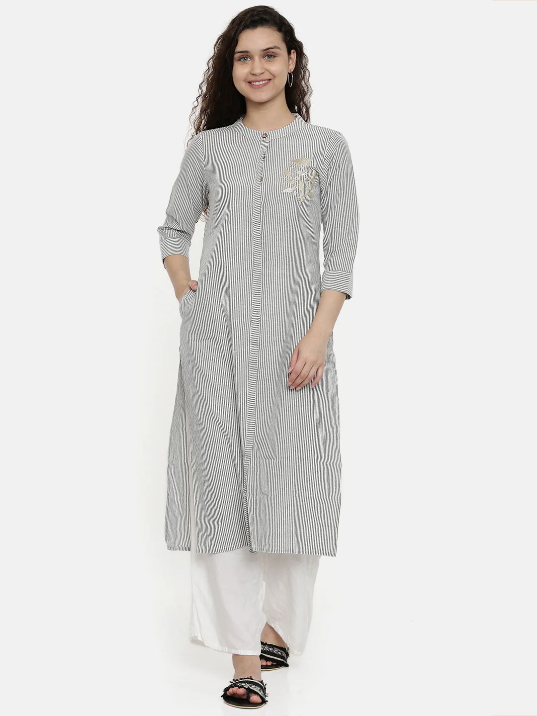 Neerus Women White Black Striped A-Line Kurta - Image 6
