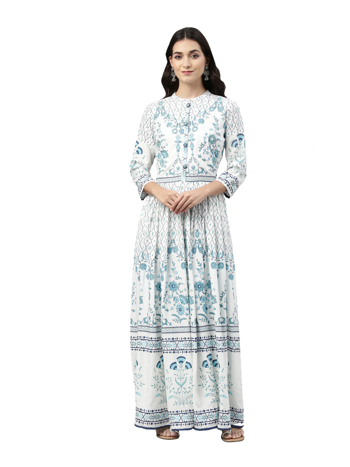 Neerus Women White Blue Floral Printed Mirror Work Anarkali Kurta