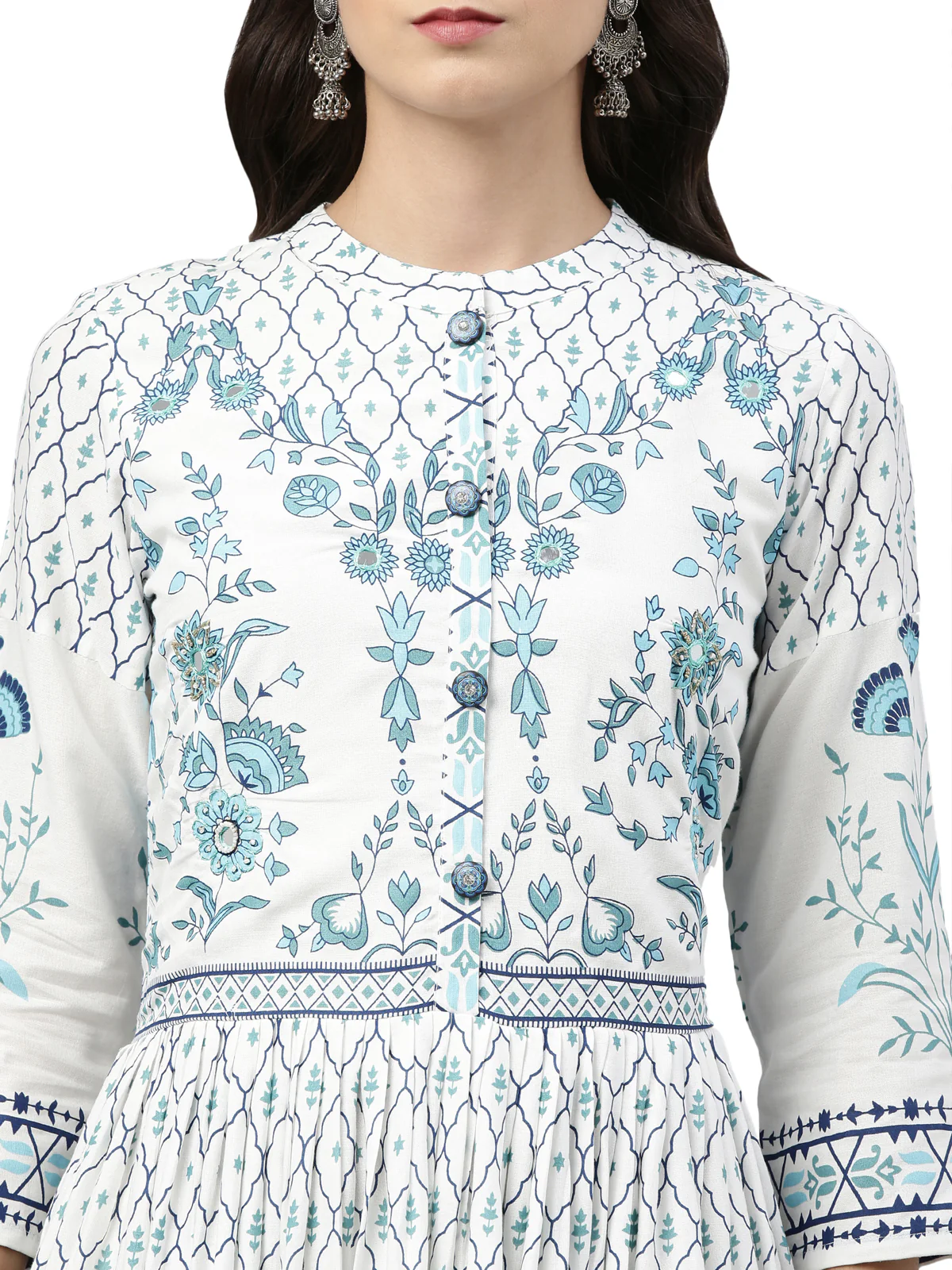 Neerus Women White Blue Floral Printed Mirror Work Anarkali Kurta - Image 5