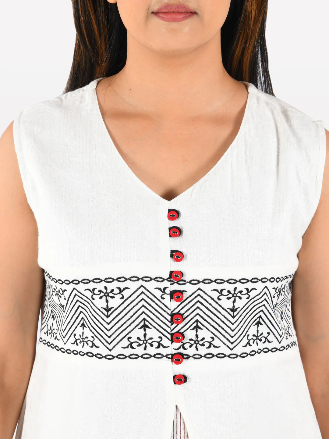 Neerus Women White Brown Woven Design Asymmetric A-Line Kurta - Image 2