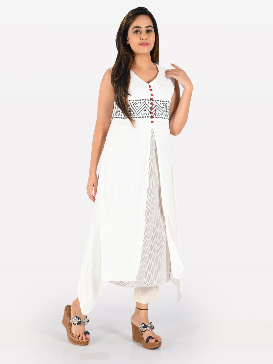 Neerus Women White Brown Woven Design Asymmetric A-Line Kurta - Image 3