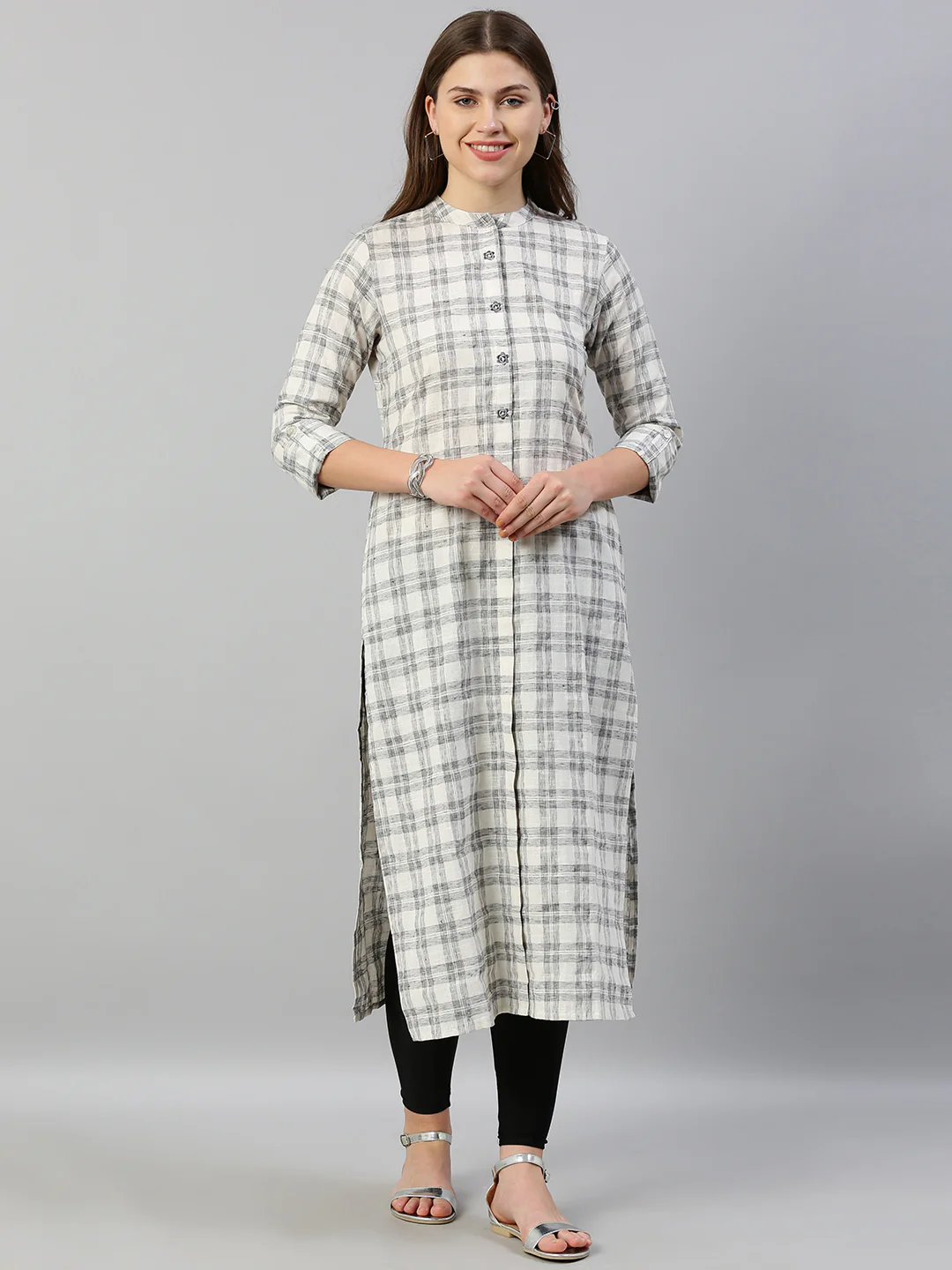 Neerus Women White Grey Checked Straight Kurta With Embroidery