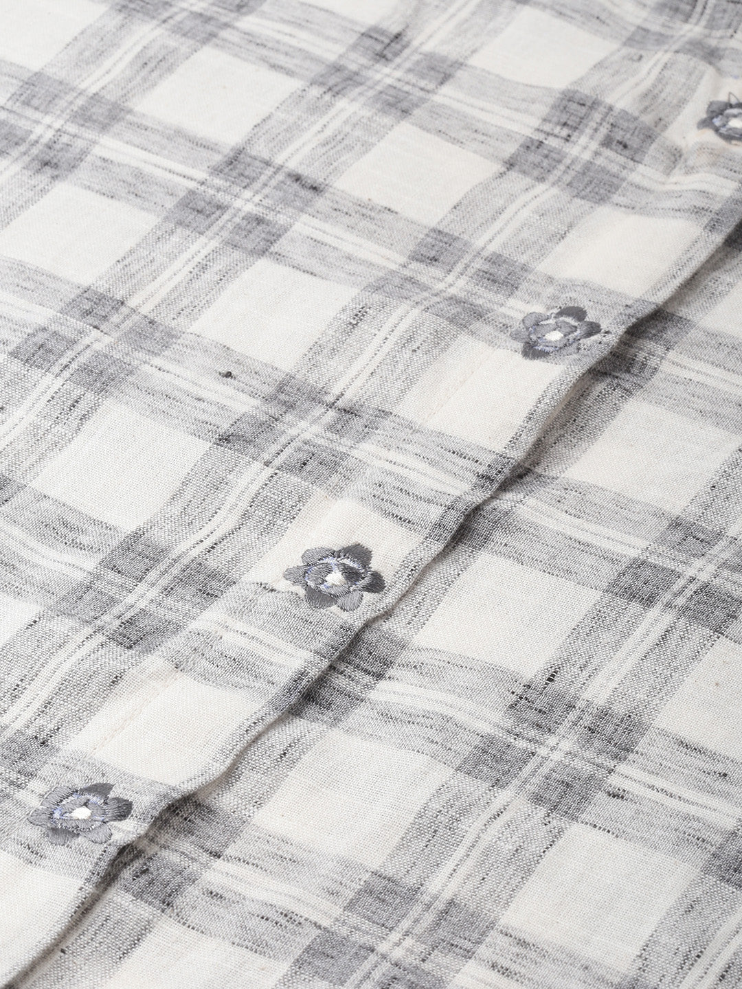 Neerus Women White Grey Checked Straight Kurta With Embroidery - Image 3