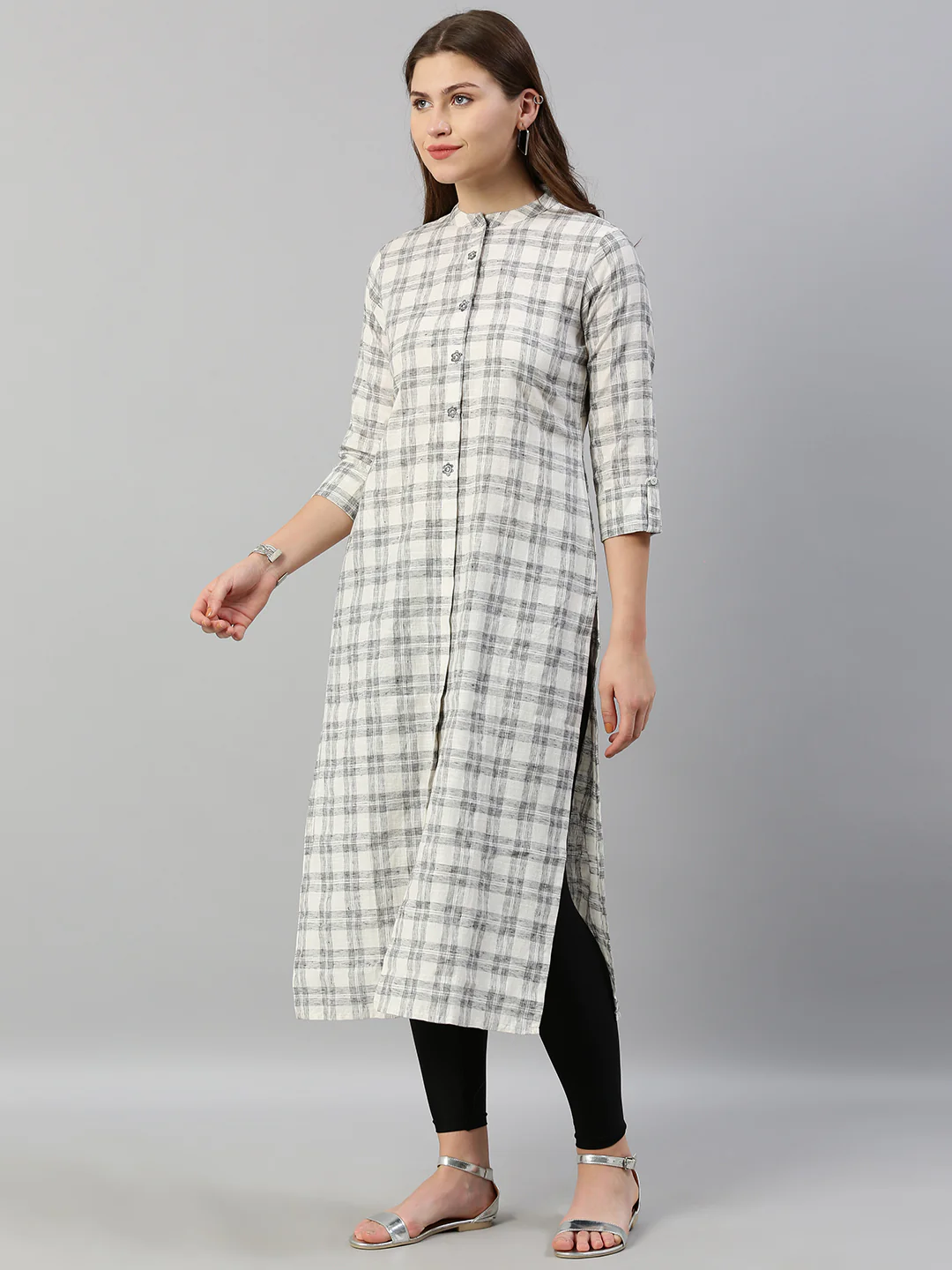 Neerus Women White Grey Checked Straight Kurta With Embroidery - Image 5