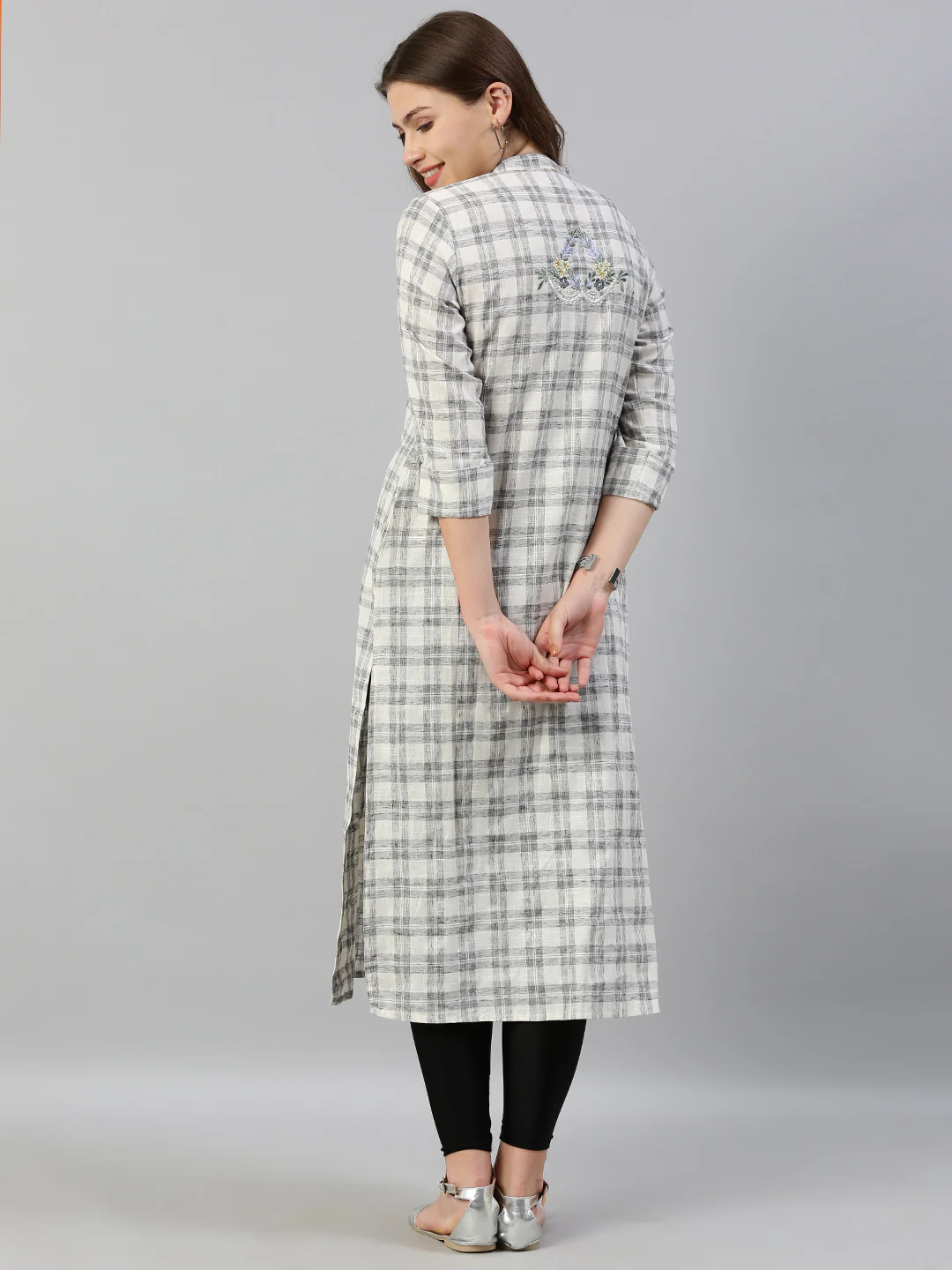 Neerus Women White Grey Checked Straight Kurta With Embroidery - Image 6