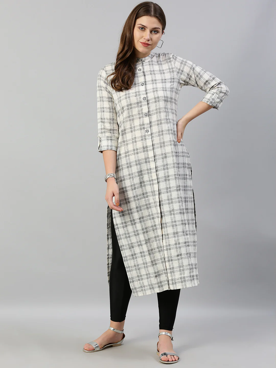 Neerus Women White Grey Checked Straight Kurta With Embroidery - Image 7