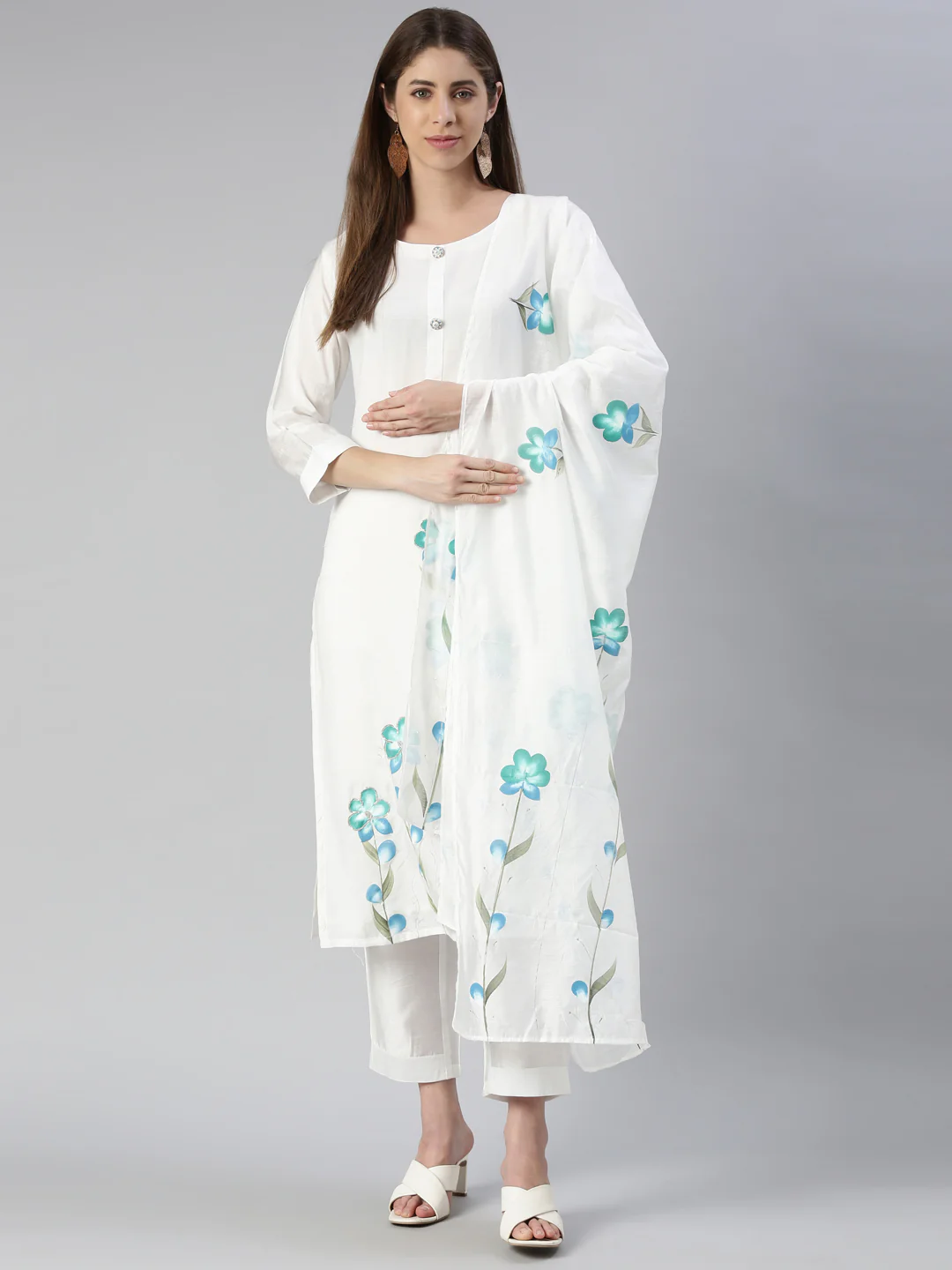 Neerus Women White Printed Calf Length Kurta And Trousers With Dupatta - Image 5