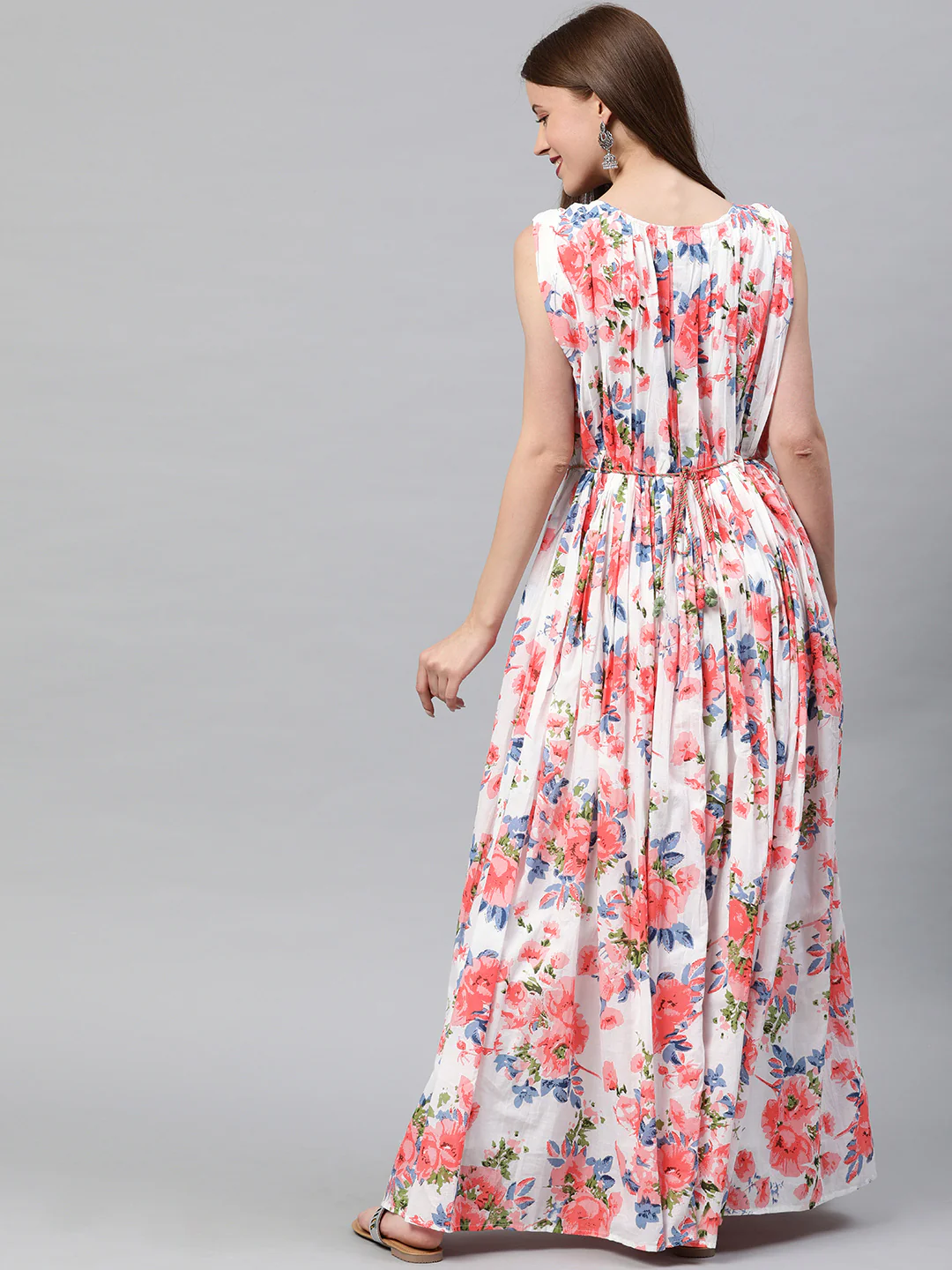 Neerus Women White Printed Maxi Dress With Pleated Detail - Image 3