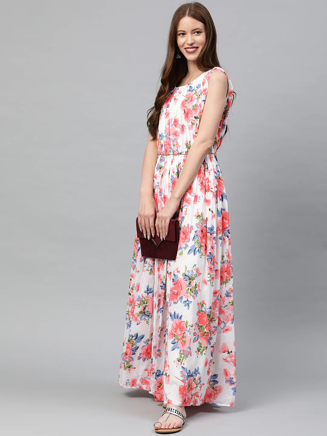 Neerus Women White Printed Maxi Dress With Pleated Detail - Image 4