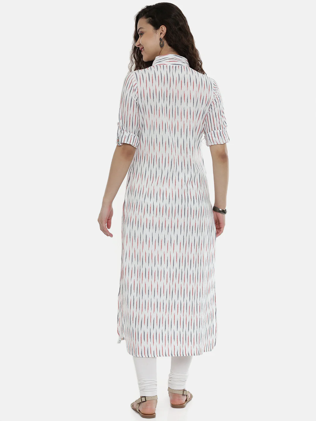 Neerus Women White Red Woven Design Straight Fusion Kurta - Image 3