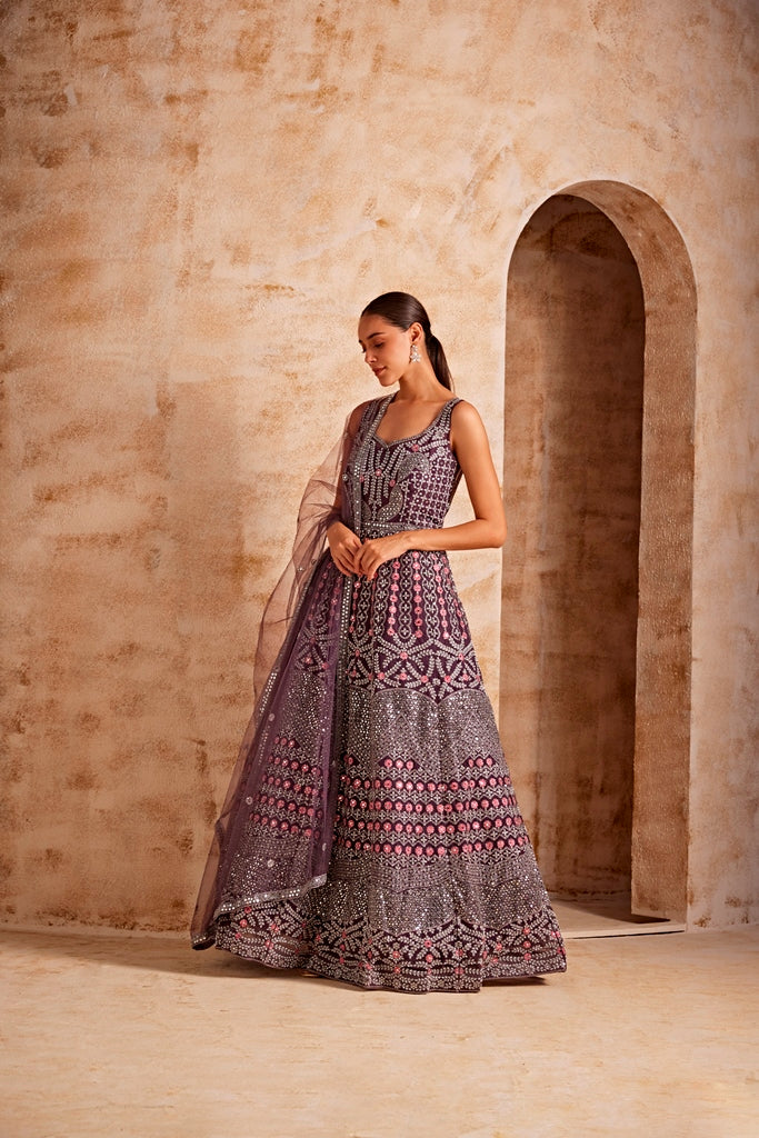 Neerus Women Wine Color Nett Fabric Gown - Image 3
