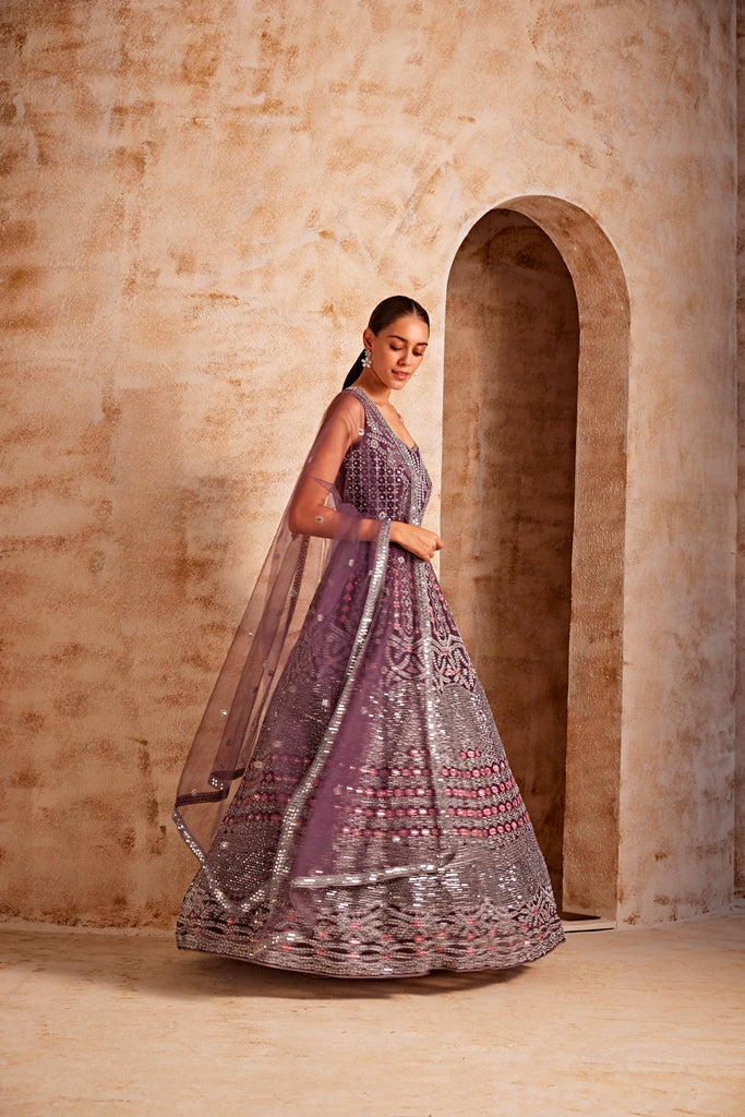 Neerus Women Wine Color Nett Fabric Gown - Image 4