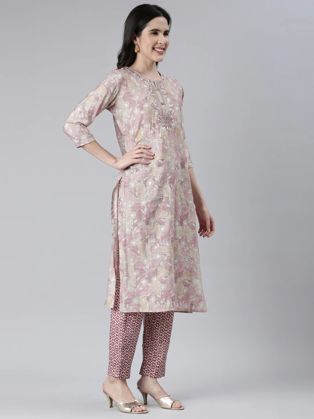 Neerus Women Wine Printed Calf Length Kurta And Trousers With Dupatta - Image 2
