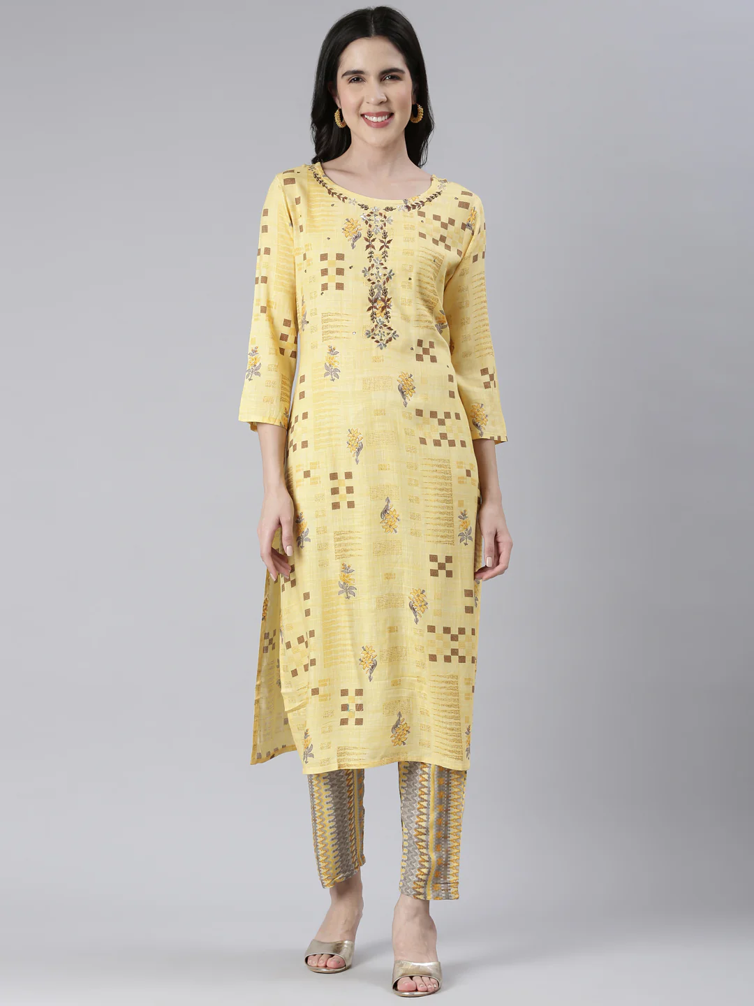 Neerus Women Yellow Embroidered Calf Length Kurta And Trousers