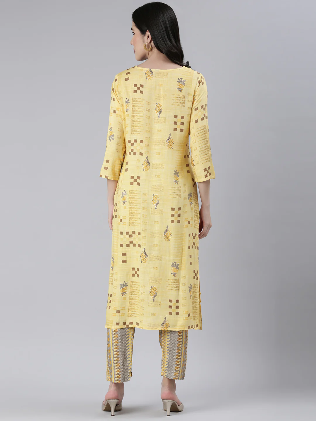 Neerus Women Yellow Embroidered Calf Length Kurta And Trousers - Image 3