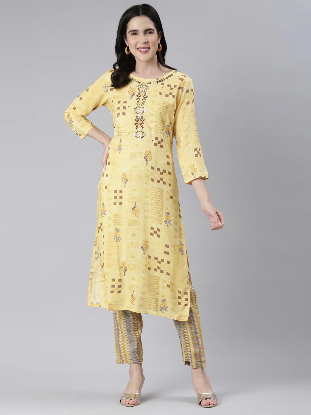 Neerus Women Yellow Embroidered Calf Length Kurta And Trousers - Image 5