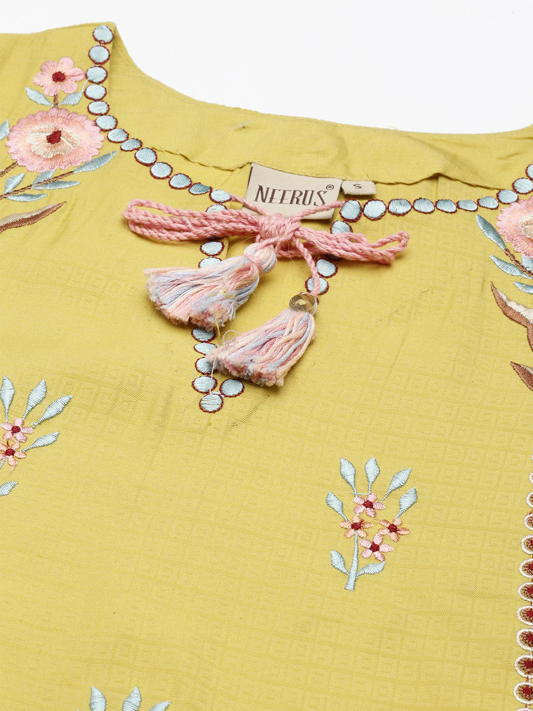 Neerus Women Yellow Embroidered Cotton Kurta with Trousers With Dupatta - Image 4