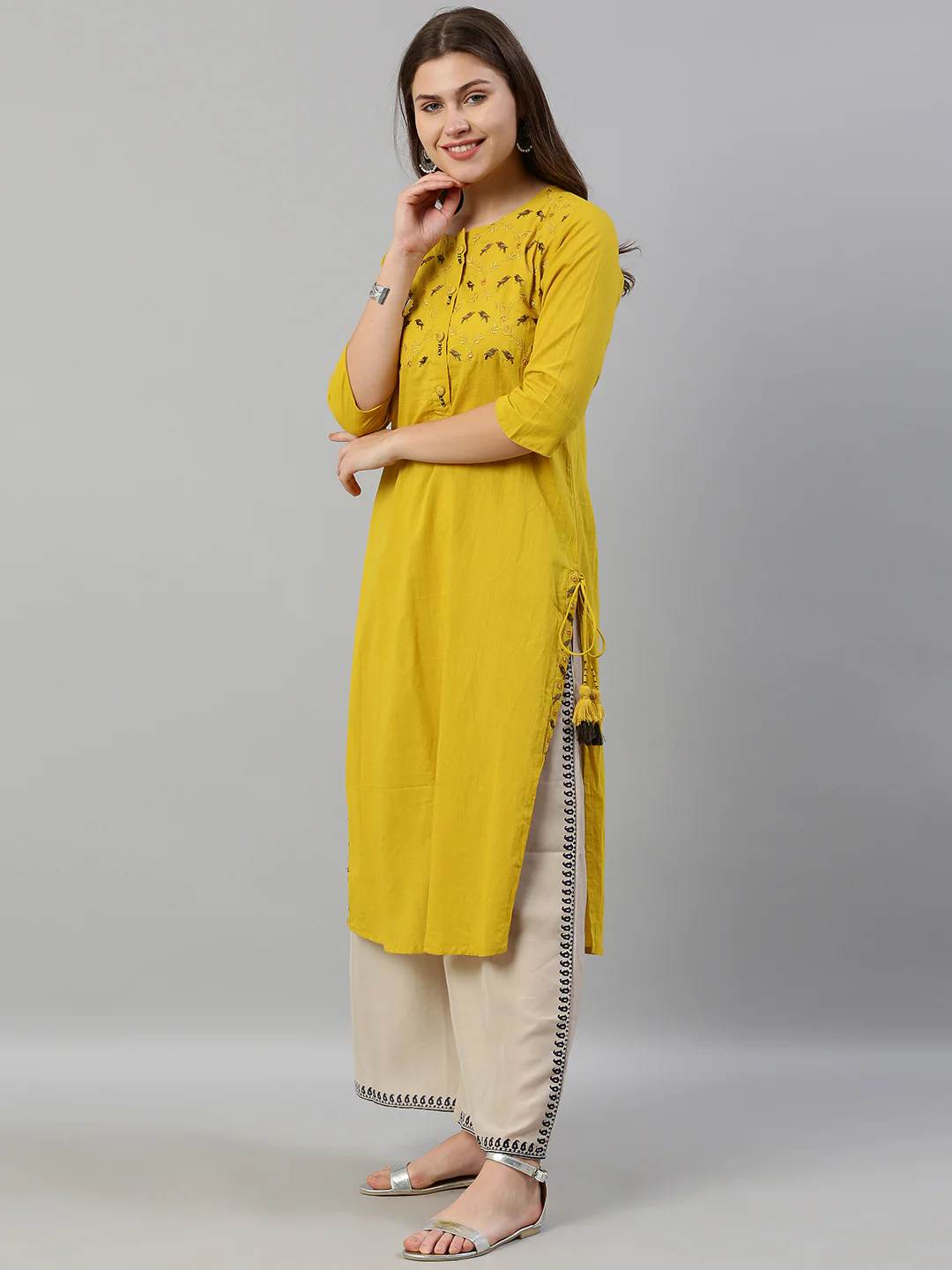 Neerus Women Yellow Embroidered Straight Kurta - Image 2