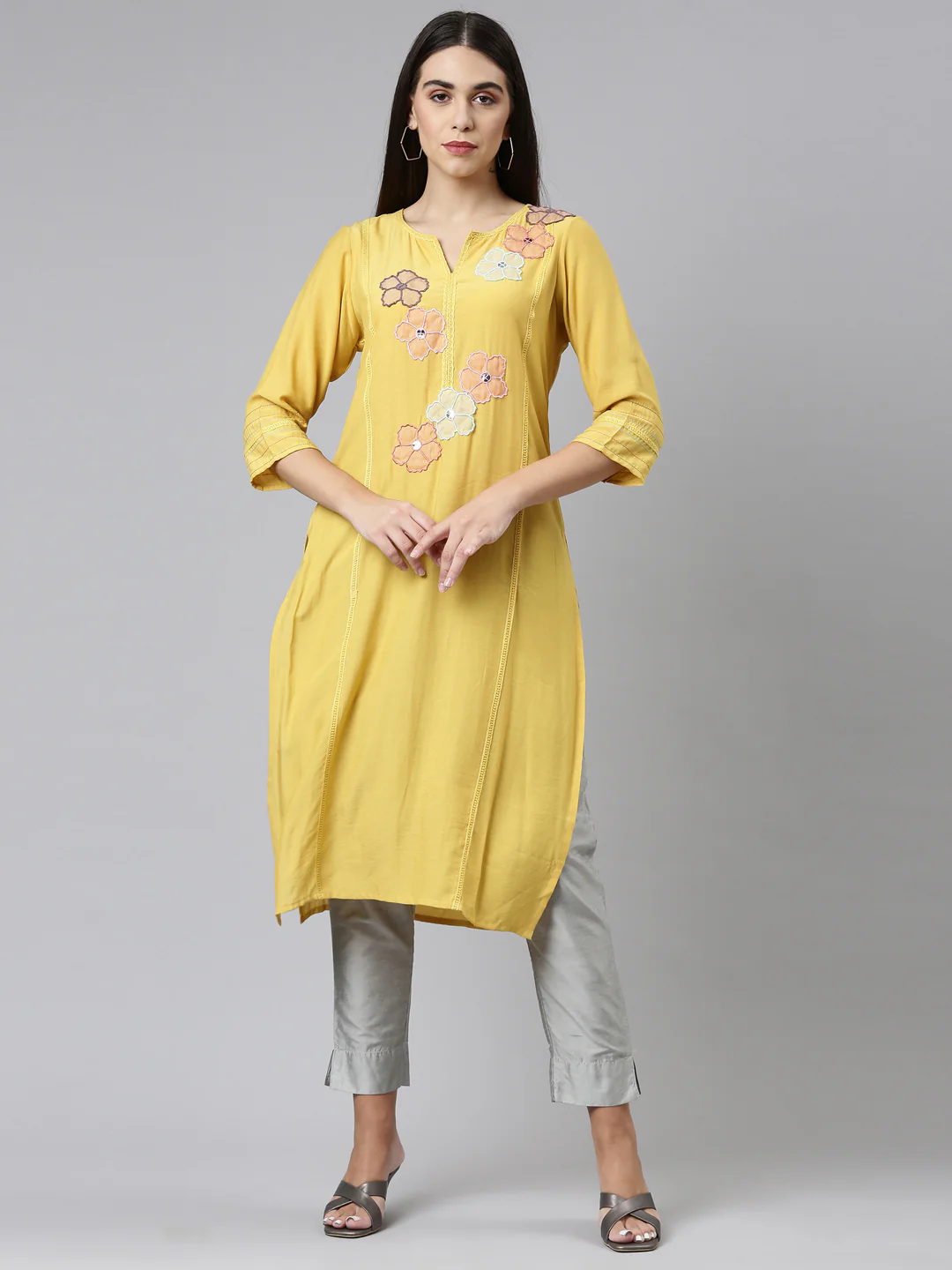 Neerus Women Yellow Floral Printed Patchwork Floral Kurta