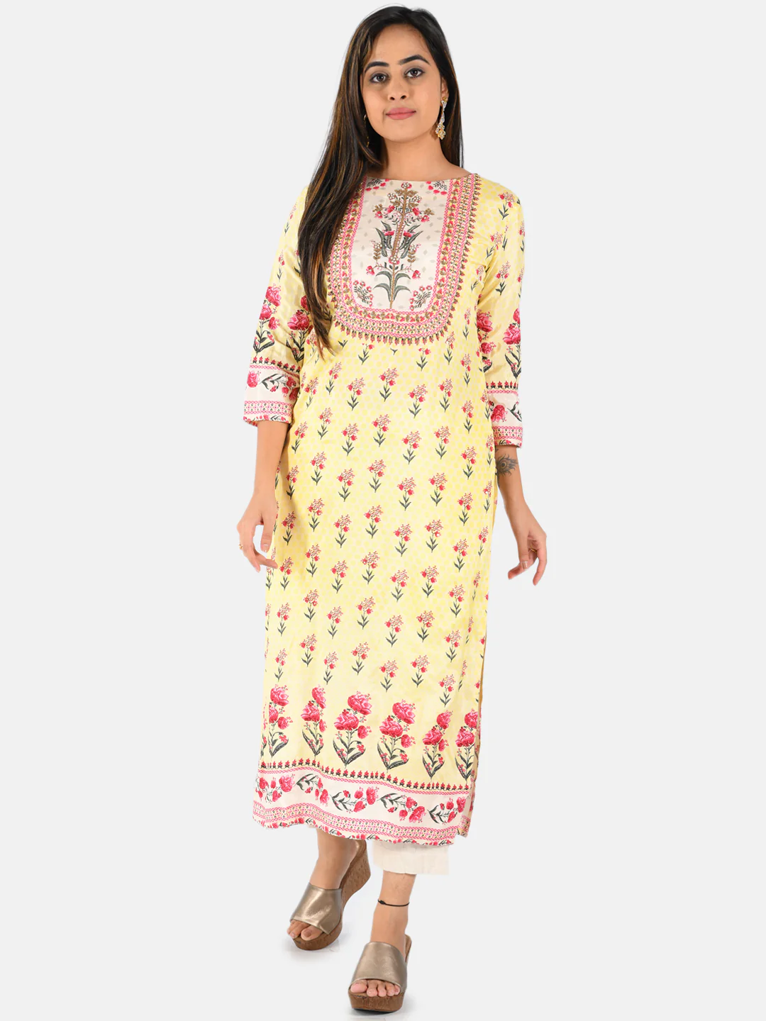 Neerus Women Yellow Pink Floral Printed Straight Kurta