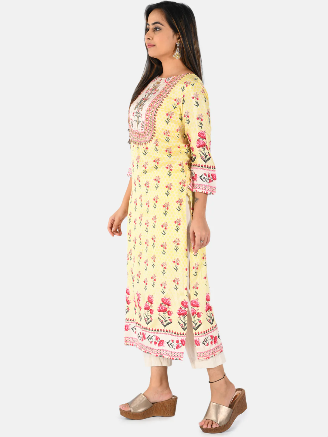 Neerus Women Yellow Pink Floral Printed Straight Kurta - Image 2