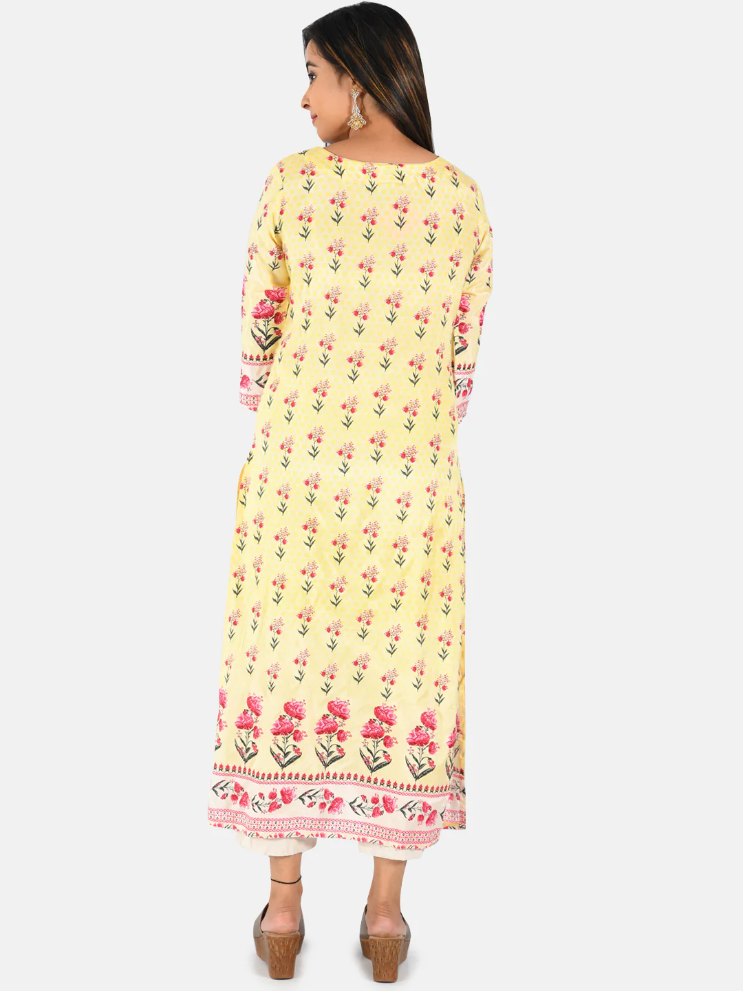 Neerus Women Yellow Pink Floral Printed Straight Kurta - Image 3
