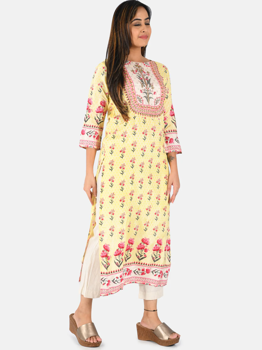 Neerus Women Yellow Pink Floral Printed Straight Kurta - Image 5