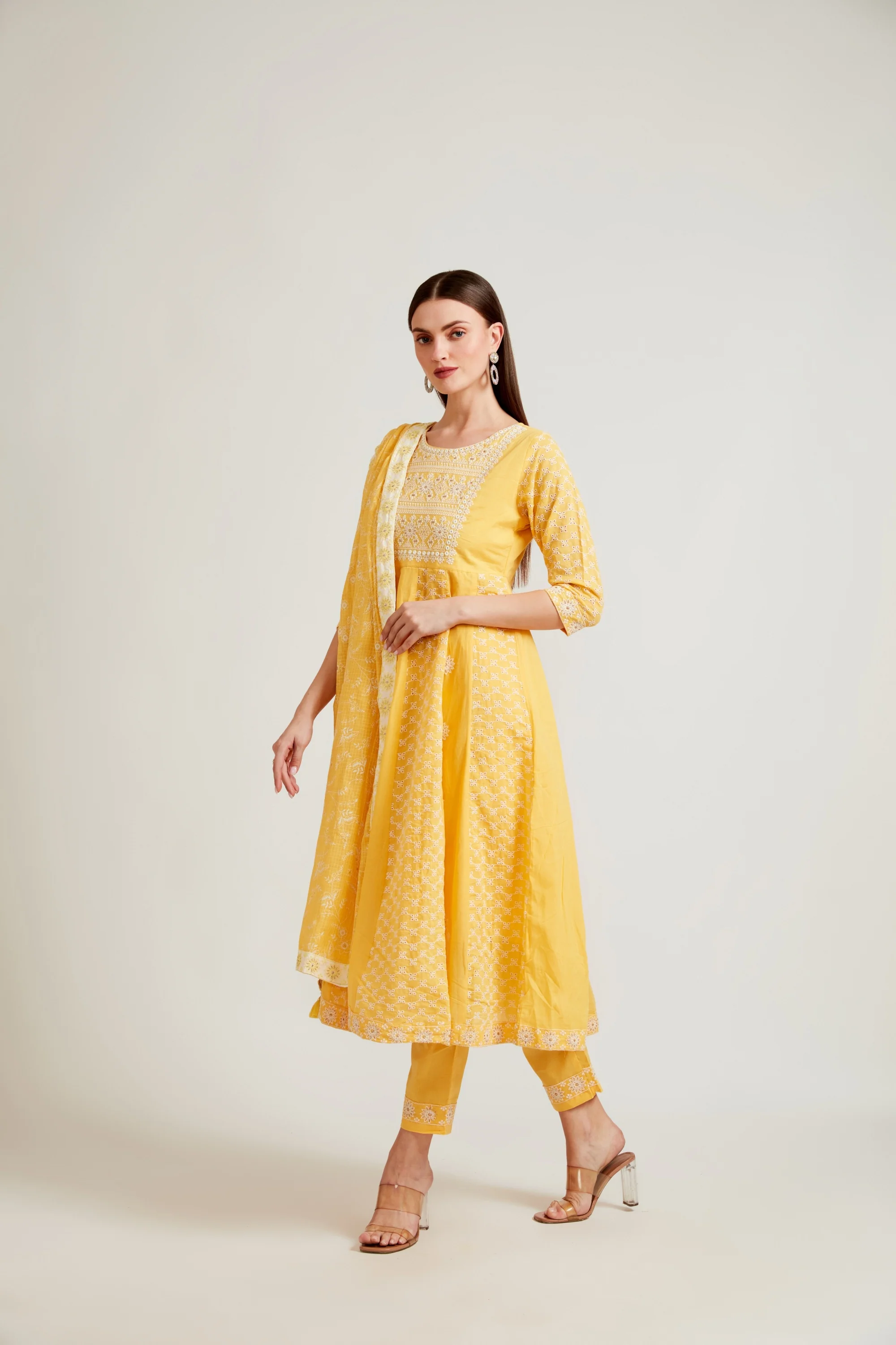 Neerus Women Yellow Printed Aari Work Kurta with Palazzos With Dupatta - Image 2