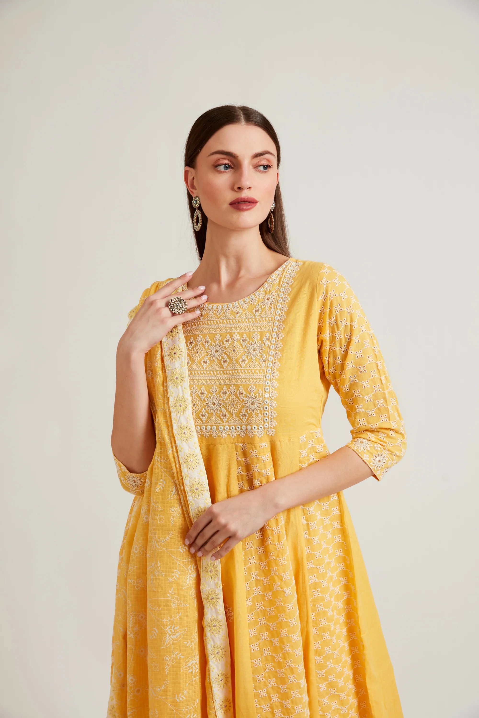 Neerus Women Yellow Printed Aari Work Kurta with Palazzos With Dupatta - Image 3