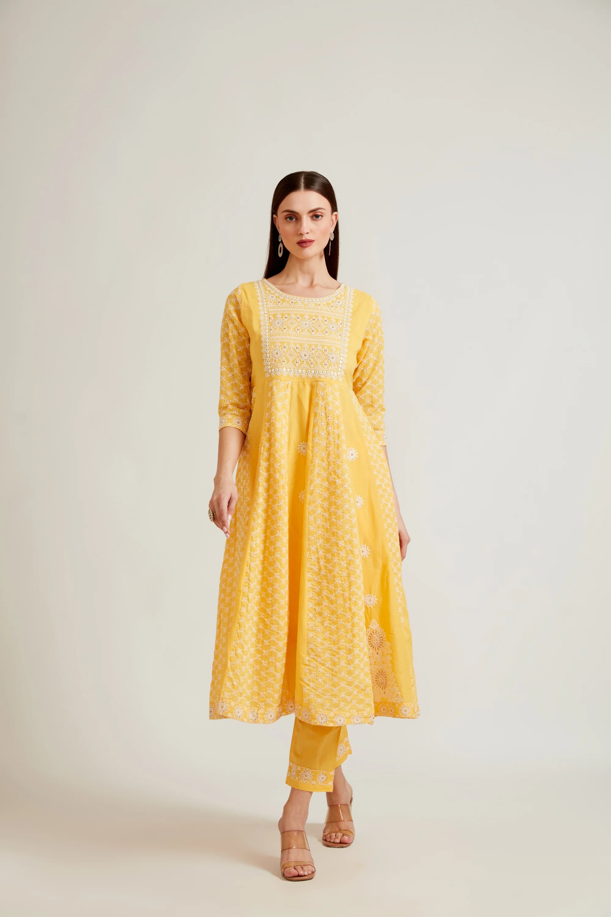 Neerus Women Yellow Printed Aari Work Kurta with Palazzos With Dupatta - Image 4