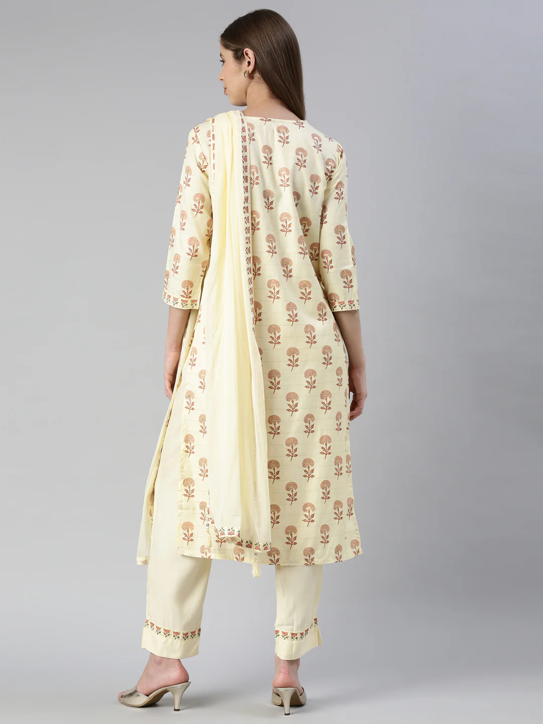 Neerus Women Yellow Printed Calf Length Kurta And Trousers With Dupatta - Image 3